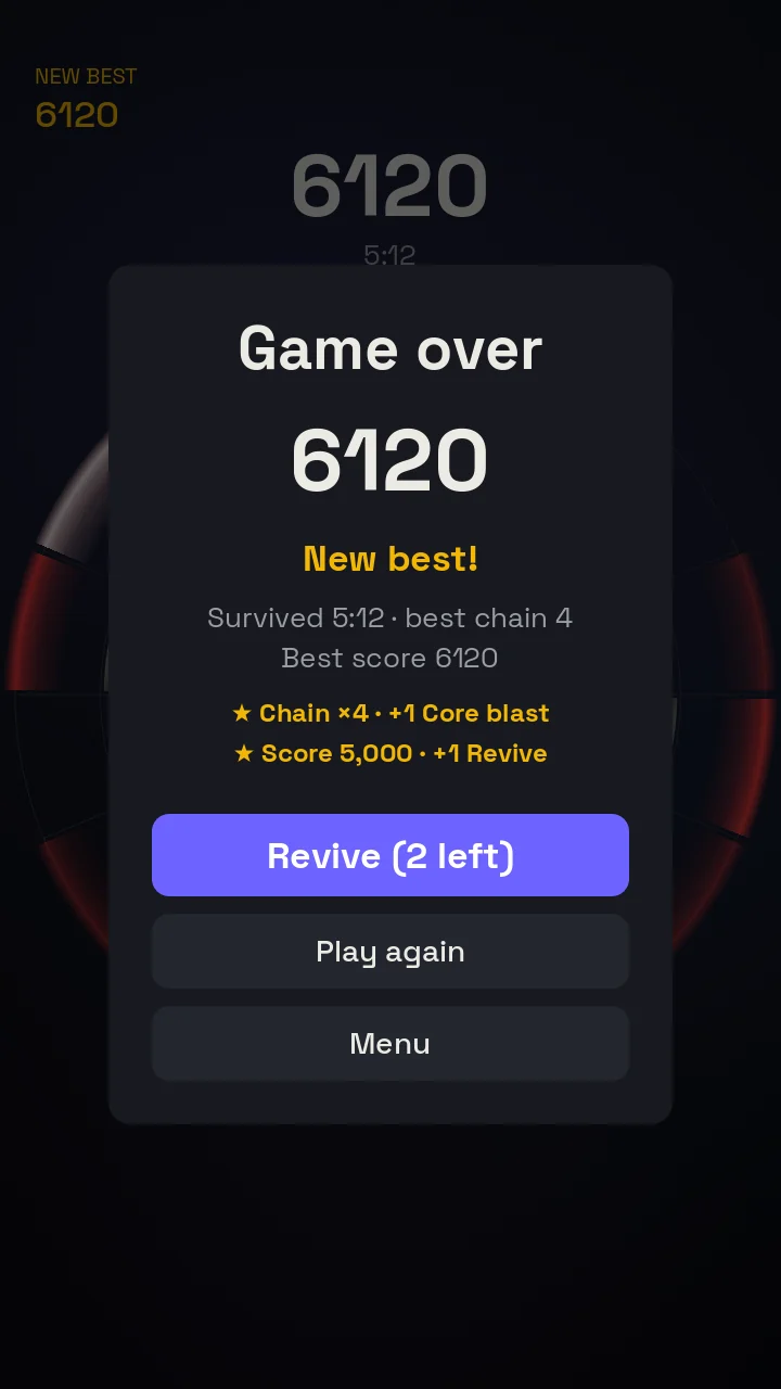 Ring Drop's game over screen with a new best score