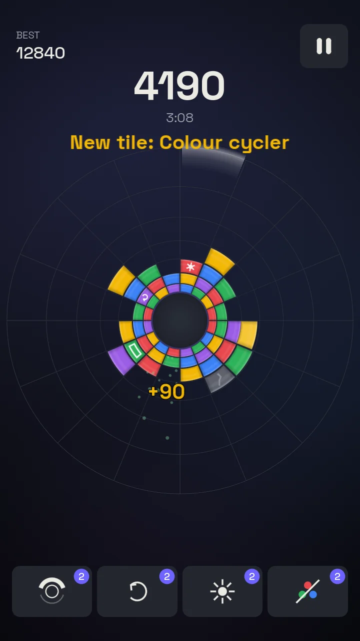 A Ring Drop game in progress, with tiles clearing for points
