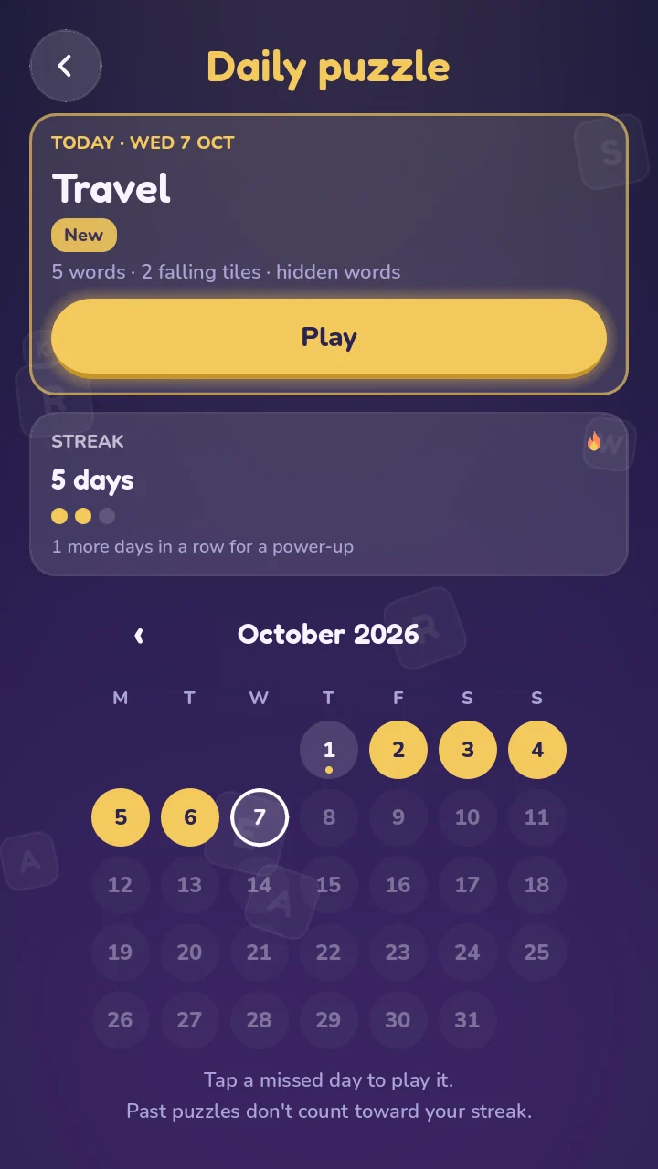 Stackabet's daily puzzle and streak calendar