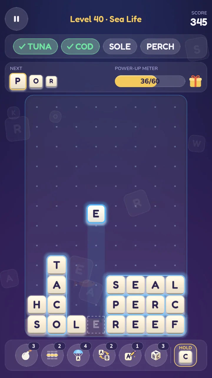 A Stackabet level in progress, spelling ocean words