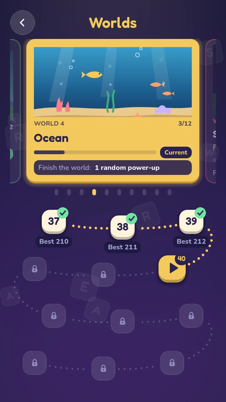 The Ocean world card above a winding trail of levels, with finished levels ticked and best scores shown.