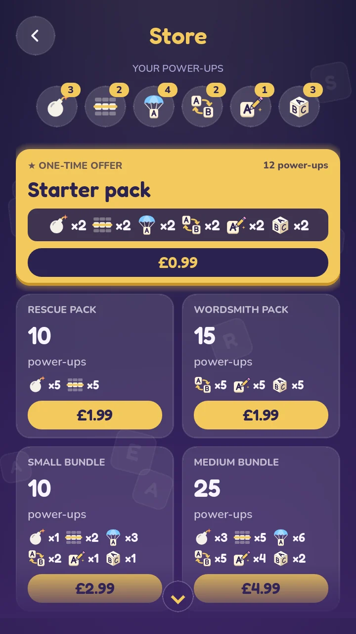 The store, with the power-ups held and bundles of power-ups.